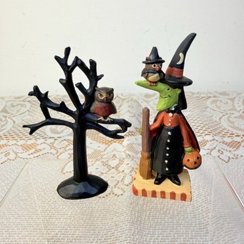 Ned Young Blossom Bucket Wood Signed Halloween Witch & Owl Tree Figurines- Read